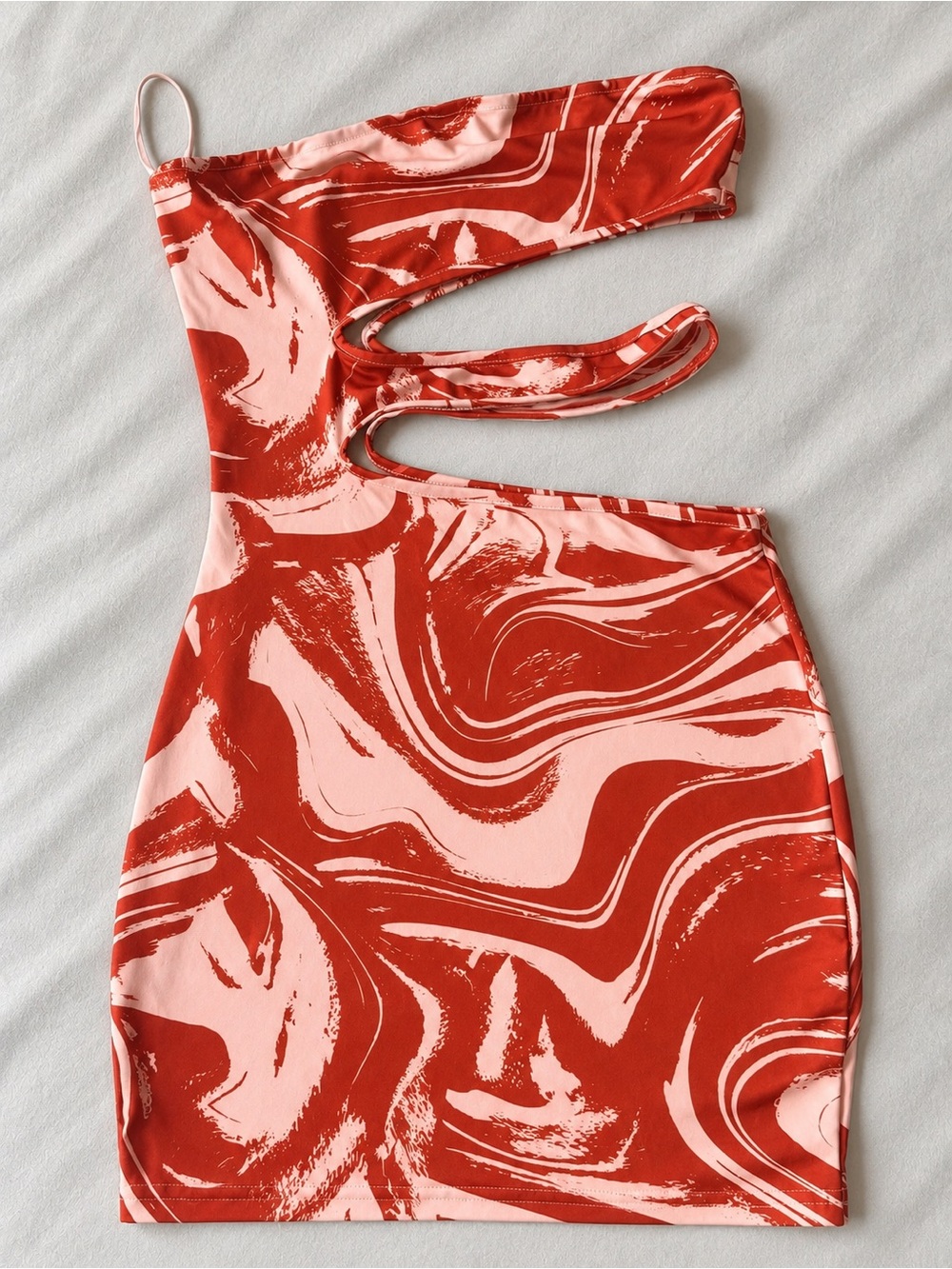 Ash One-Shoulder Cutout Bodycon Dress in Red and Pink Swirl